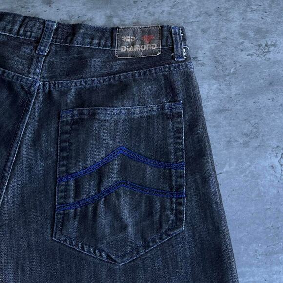Vintage Y2K Red Diamond Embroidered Baggy Grunge Opium Denim Jeans - Picture 3 of 4